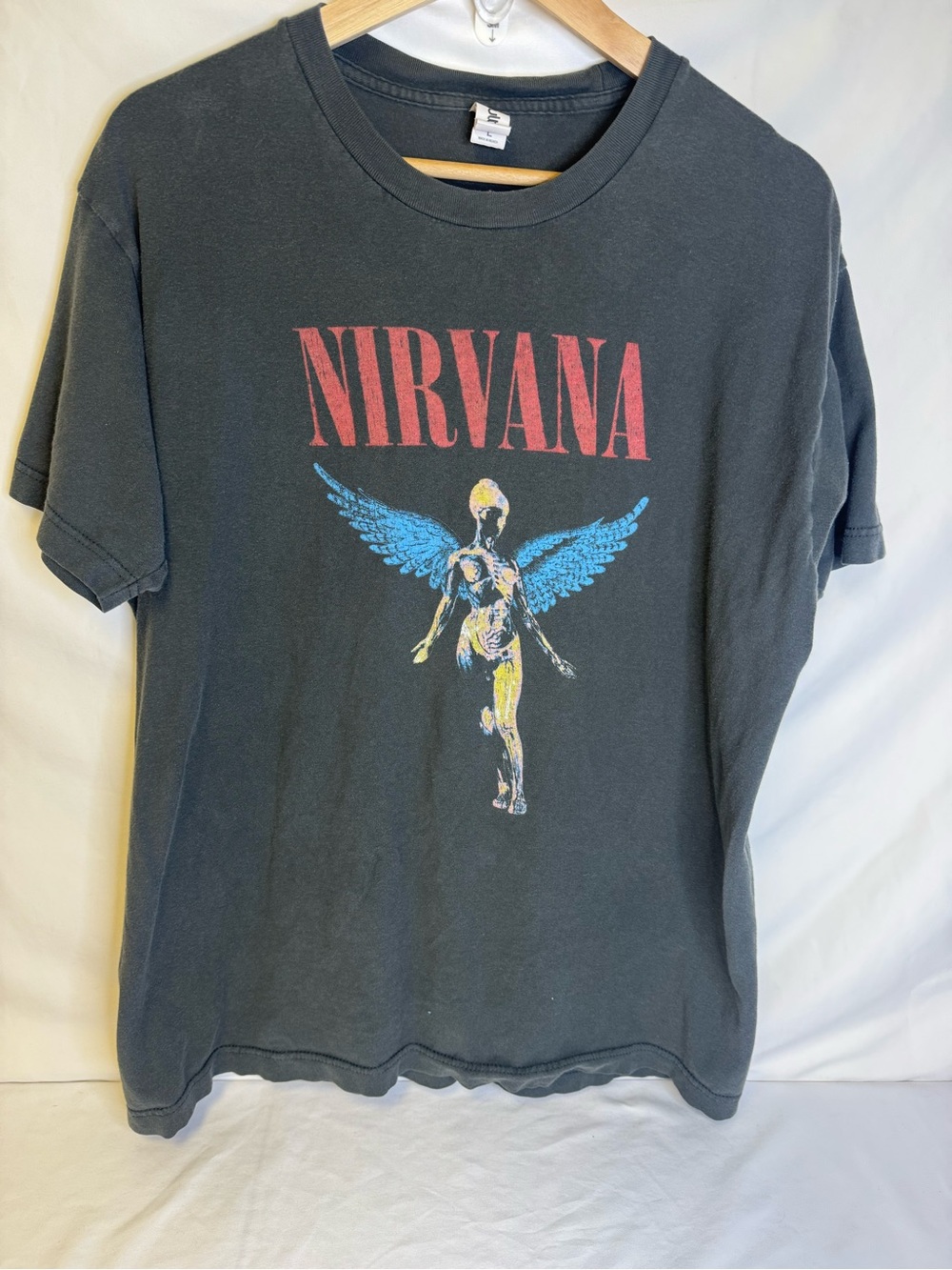 Tultex Black Nirvana Angel Graphic Tee with Red and Blue Print